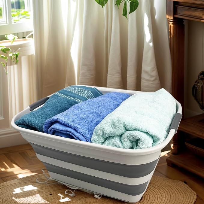 SMMART Collapsible Plastic Laundry Basket with Handle/Foldable Pop Up Storage Hamper/Portable Laundry Organizer-Space Saving Washing Tub/Household Storage Supplies (Grey/Steel Grey, 27L) - Image 3