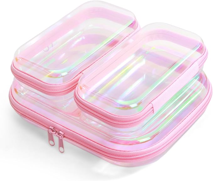 Clear Hard Shell Zipper Case, Surface scratch resistant material, Portable Cosmetic Bag with Zipper, Diaper Bag Organizing Pouches, Hard Plastic Case, Clear Bags for Organizing, Laser Pink （3 Pcs） by Unknown