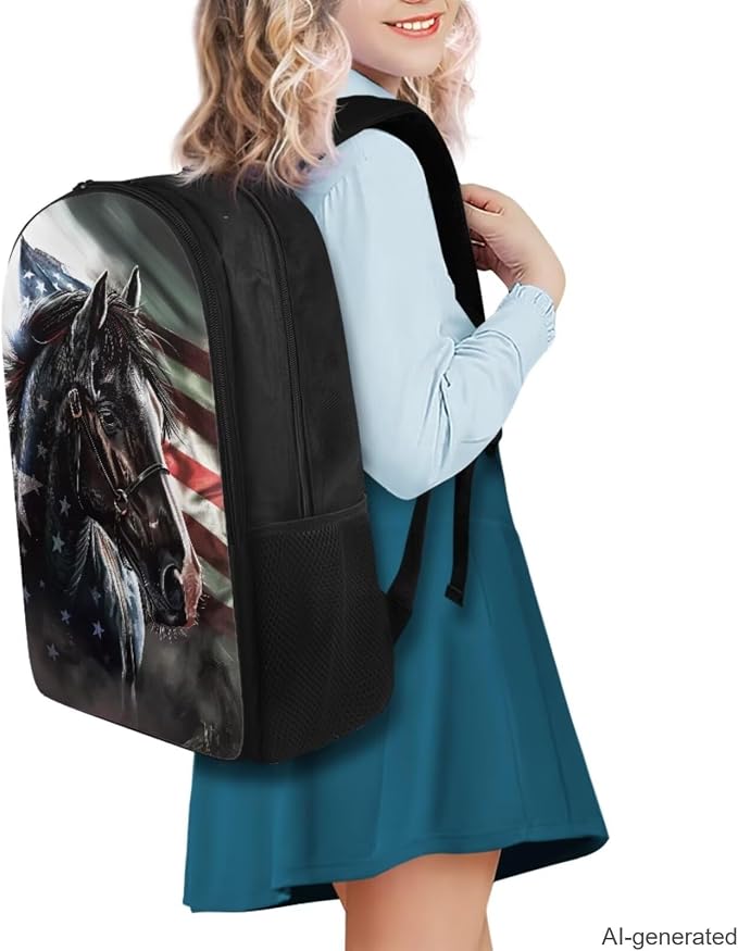 American Flag Horse Backpack for Boys Girls Backpack with Lunch Box Water Bottle Holder with Strap and Pencil Pouch 4PCS Bookbag with Compartments for School Teens 17 inch School Bag for Kids - Image 2