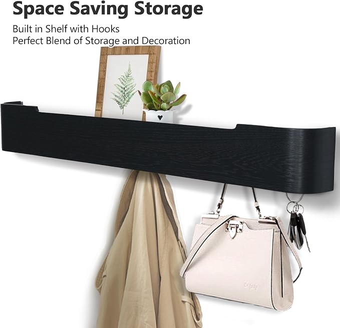 Coat Rack Wall Mount with Shelf 8 Hidden Hooks Modern Wooden Key Holder Entryway Organizer for Hallway Bedroom Bathroom Home Decor Storage for Hanging Coats Hats Bags Towels, Black - Image 2
