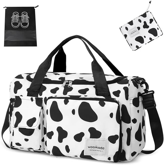 WOOMADA Foldable Travel Duffel Bag with Shoes Compartment, Overnight Bag with Wet Pocket & Trolley Sleeve, Weekender Bags for Women (cow) by WOOMADA