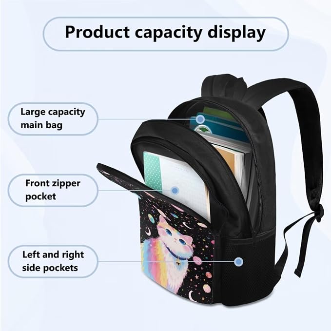 Cat Planet Backpack 4 Pcs Set for Girls Kids Casual Bookbag School Book Bag with Insulated Lunch Bag Pencil Case Water Bottle Sling, Back to School Supplies - Image 2