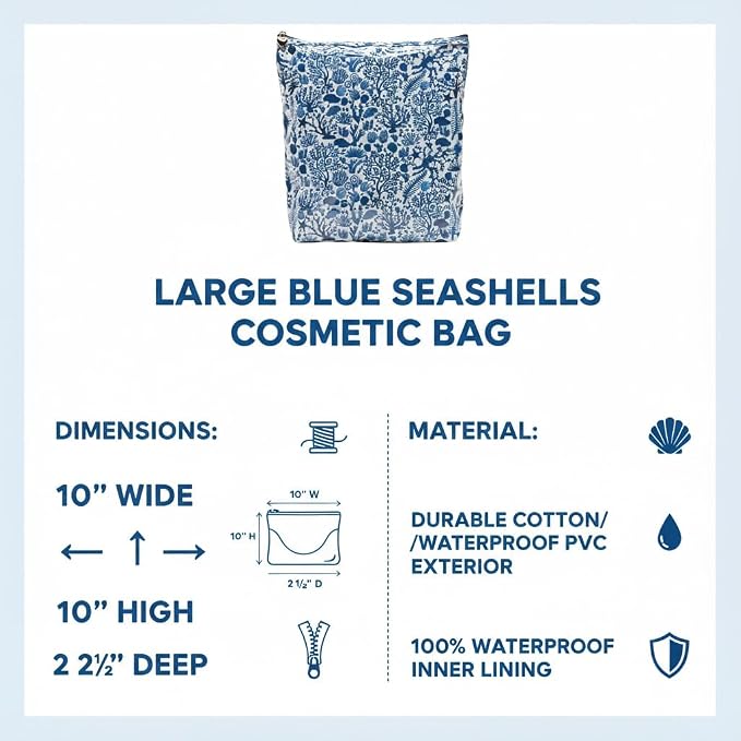 Jacaranda Living Large Cosmetic Bag – Water-Resistant Makeup & Toiletry Bag with PVC-Lined Interior, Travel Beauty Organizer, Blue Seashells - Image 7