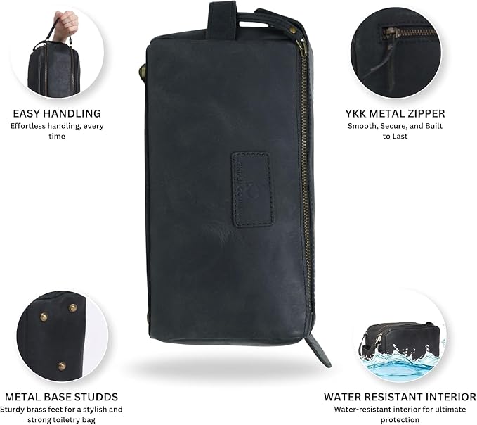 Toiletry Bag for Men Handcrafted Vintage Dopp Kit Organizer for Cosmetics Genuine Buffalo Leather, Shaving Kit with Waterproof Lining (Small, 10 * 5 * 4 Inches, Black) - Image 2