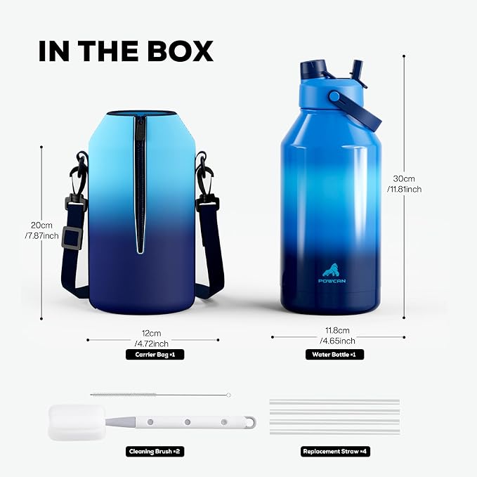 POWCAN 64 oz Insulated Water Bottle with 2-in-1 Straw and Spout Lid, Leakproof, Carrier Bag, Cleaning Brush, BPA-Free, Metal Water Bottle with Handle for Outdoors, Sport, Gym and Hiking (Shoreline) - Image 4