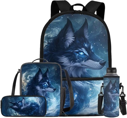 Galaxy Wolf Backpack for Boys Girls Backpack with Lunch Box Water Bottle Pouch and Large Capacity Pencil Case 4PCS Set Bookbag with Front Pocket for School 17" Lightweight School Bag for Kids by ELEDIZI