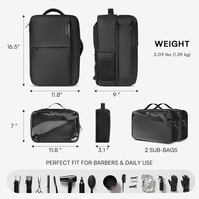 Barber Bag with 2 Pouches, Professional Hairstylist Travel Backpack with Adjustable Dividers, Hairdresser Hair Tools Bag with Insulated Pocket, Cosmetology Bags for Supplies, Water-resistant, Black - Image 4