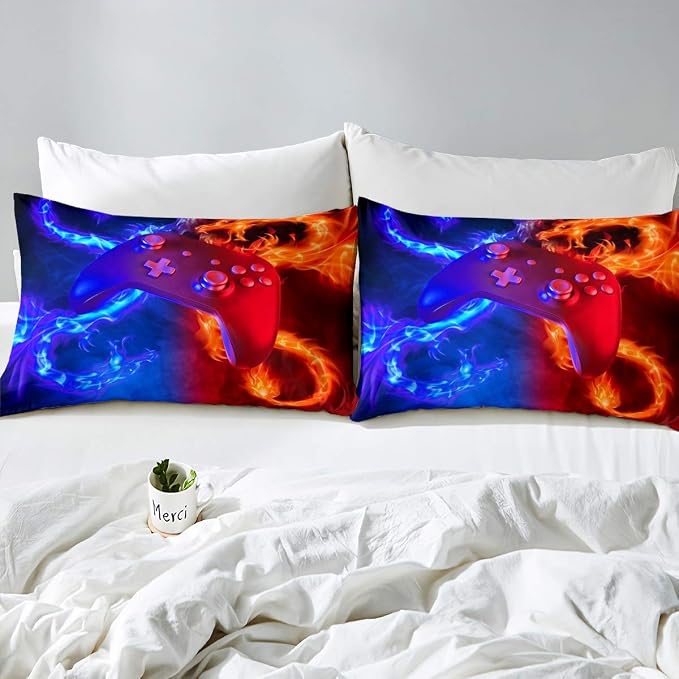 Ice Fire Dragon Comforter Set for Boys Teens Kids Gamer Games Room Decor Bedding Set Blue Red Gaming Gamepad Down Comforter ,Fairy Tale Animals Theme Room Decor 3Pcs Duvet Insert Full Size,Soft - Image 2
