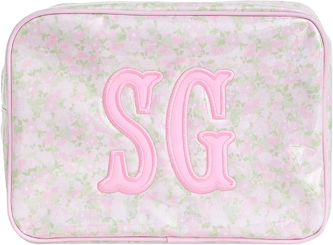 Personalized Clear Coated Pouch - Medium or Large Toiletry Bag with Embroidered or Applique Monogram, Custom Makeup or Travel Organizer, Easy-Clean Cosmetic Bag, Travel Gift for Women (Peony, XL) by Sprinkled+With+Pink