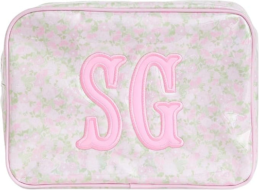 Personalized Clear Coated Pouch - Medium or Large Toiletry Bag with Embroidered or Applique Monogram, Custom Makeup or Travel Organizer, Easy-Clean Cosmetic Bag, Travel Gift for Women (Peony, XL) by Sprinkled+With+Pink