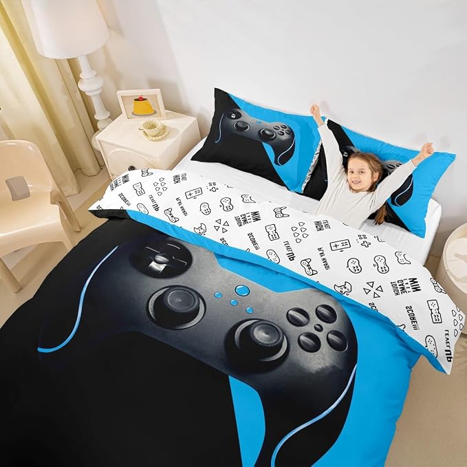 Erosebridal Gamer Comforter Cover Merry for Teens Boys Girls Game Room Decor Bedding Set Gamepad Printed Player Gaming Duvet Cover Videogame Controller Pattern Bedspread, Queen Size,Black Blue - Image 2
