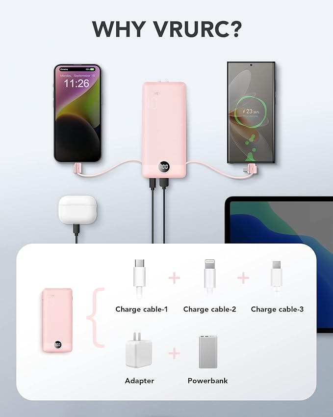 VRURC Portable Charger Built-in Cables and AC Wall Plug,USB C Power Bank 10000mAh, Travel Essentials Phone Charger Compact Lightweight External Battery Pack for Smart Phones, Tablets etc-Pink