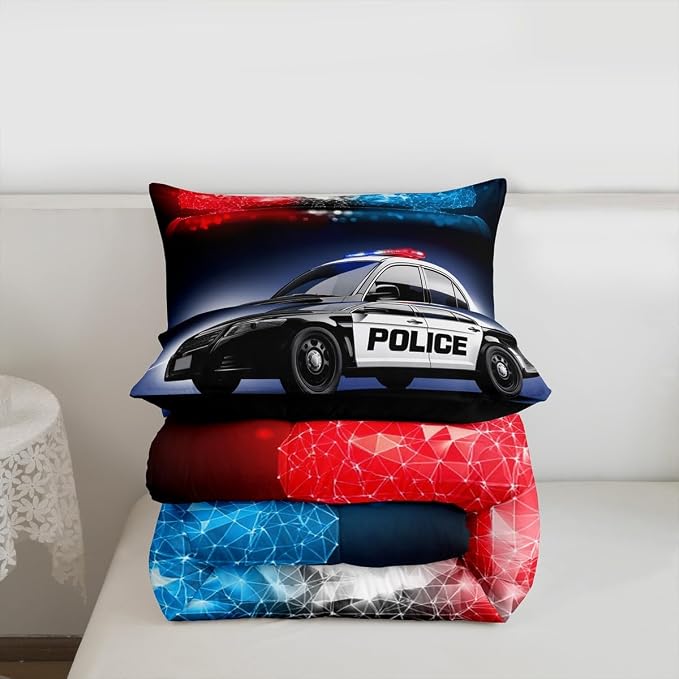 Erosebridal Police Car Comforter Sets King Size,Policeman Vehicle Bedding Set for Kids Boys Children,Red Blue Cop Lights Down Comforter Geometric Graphics Duvet Sets Bedroom Decor with 2 Pillow Cases - Image 7