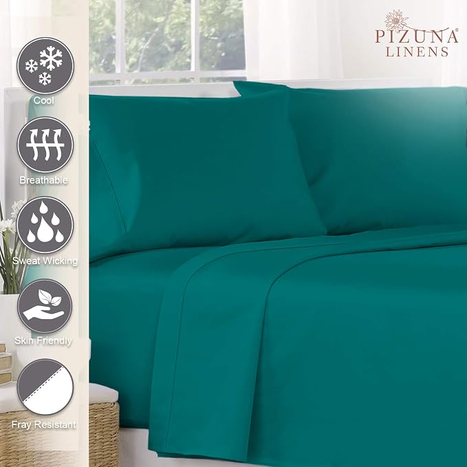 Pizuna Pure 100% Cotton Flat Sheets Only Full Teal Green (1 PC), Luxurious 400 Thread Count Long Staple Cotton Sateen with 4inch Hem (Combed Full Flat Sheet Only Cotton) - Image 2