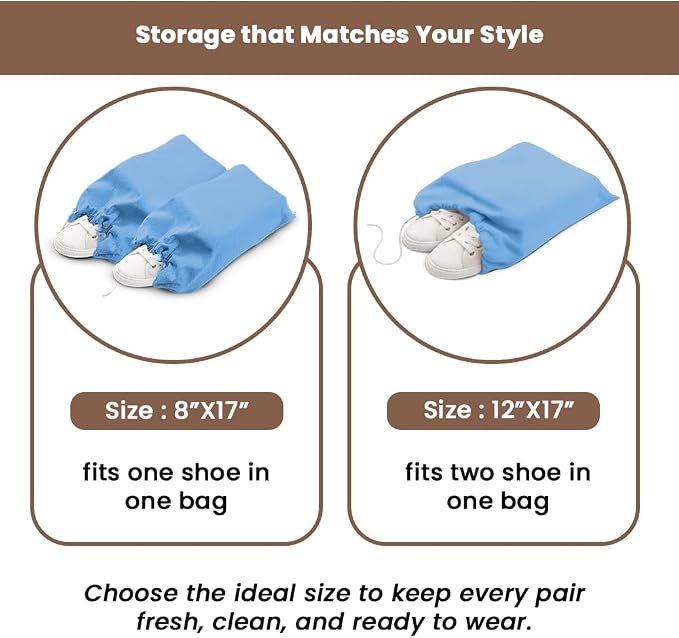LFH Cotton Rich Shoe Storage Bags with Drawstring, Dustproof Breathable Reusable Organizer, Perfect For Travel, Dorm, Hotel, College, Gym, Easy to Carry, Machine Washable 8"x17" (Pack of 6) - Sky Blue - Image 5