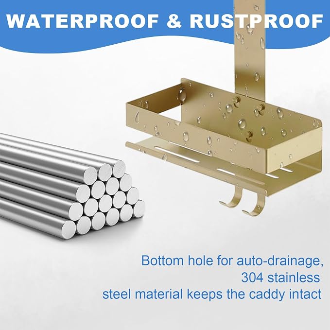 Gold Shower Caddy Over Shower Door - 2 Tier Hanging Shower Caddy Organizer No Drilling, Shower Storage Shelf for Indoor Shower, Bathroom, Bedroom, Kitchen - Image 2