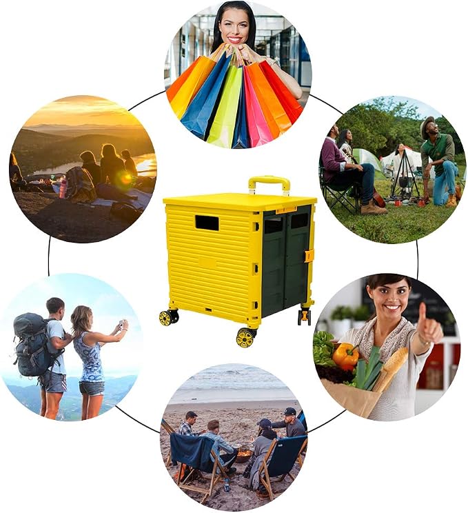 FELICON SELORSS Foldable Utility Cart Folding Portable Rolling Crate-Yellow | Durable,Heavy Duty,Plastic Box,Telescoping Handle,4 Rotate Wheels,Collapsible Handcart for Travel Shop Move Luggage Office - Image 5