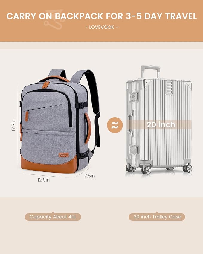 LOVEVOOK Travel Backpack for Women & Men, 40L Carry on Backpack Airline Approved, Large TSA Personal Item Travel Bag fits 17.3" Laptop, Business Weekender Bag for Essentials, 4Pcs - Image 4