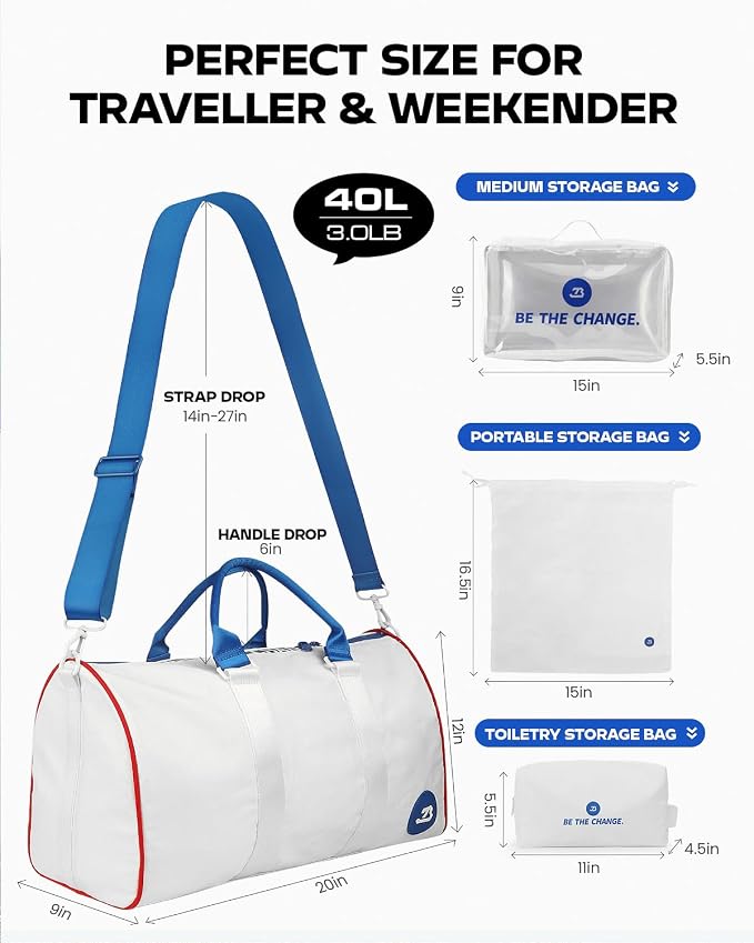 4Pcs/Set Waterproof Sports Duffel Bag 1000D Nylon Durable Gym Bags for Men and Women Overnight Bag with 3 Accessory Bags of Wet & Dry Separation Upgrades 2.0 White - Image 5