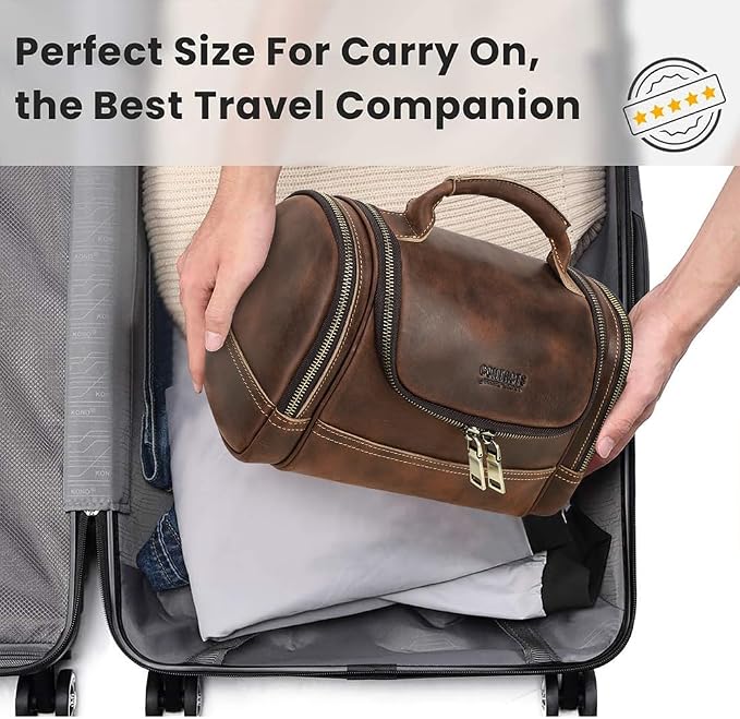 CONTACTS Crazy Horse Leather Toiletry Bag for Men Travel Bathroom Shaving Dopp Kit Toiletries Organizer Vintage Brown Cosmetic Bag Handbag - Image 9