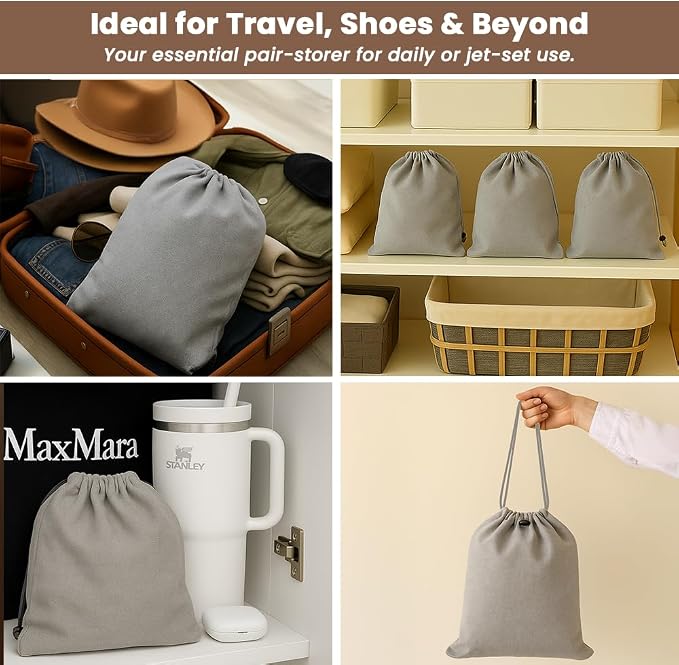 LFH Cotton Rich Shoe Storage Bags with Drawstring, Dustproof Breathable Reusable Organizer, Perfect For Travel, Dorm, Hotel, College, Gym, Easy to Carry, Machine Washable 8"x17" (Pack of 4) - Grey - Image 6