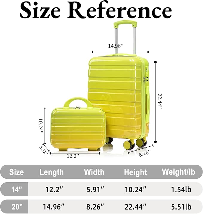 Gradient Green-Yellow Luggage Set 14" & 20" - 2 Piece PC Spinner Wheel Suitcases with Combination Lock, Lightweight Carry On for Business & Vacation - Image 7