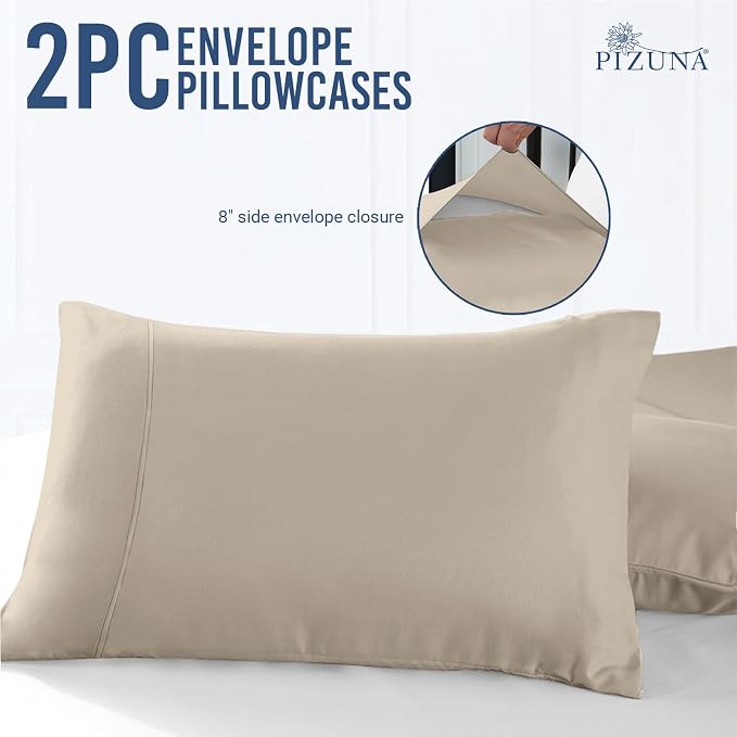 Pizuna 100% Cotton Pillow Cases Queen Size Set of 2 Luxury 1000 Thread Count Sateen Weave Long Staple Cotton Hotel Quality Envelope Closure Pillow Covers Fits Standard/Queen Pillows - Simply Taupe - Image 3