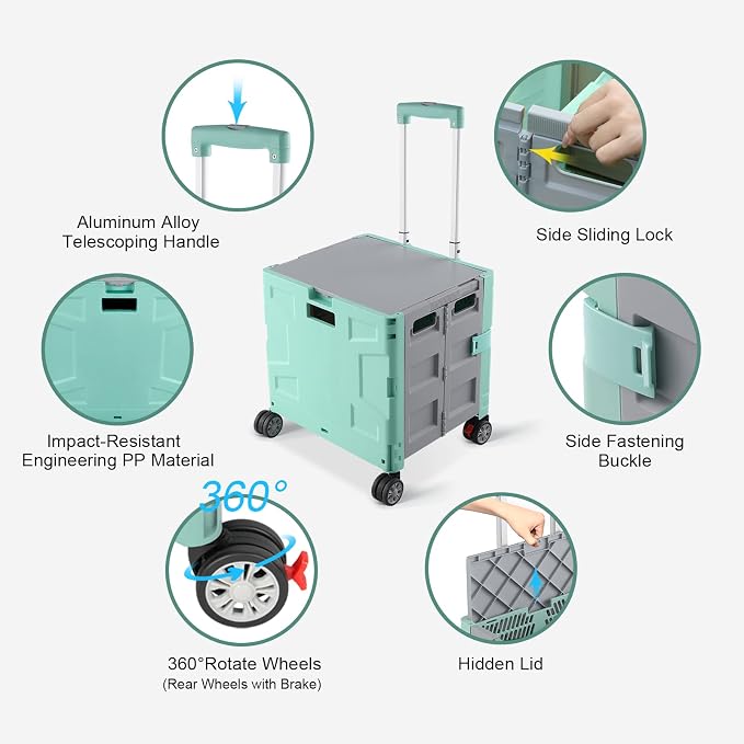 FELICON Folding Utility Cart Rolling Crate Handcart Basket Tote-Green+Gray | Collapsible Hidden Lid,Plastic Box,Telescoping Handle,4 Rotate Wheels for Travel Shop Move Grocery Laundry Office Teacher Use - Image 2