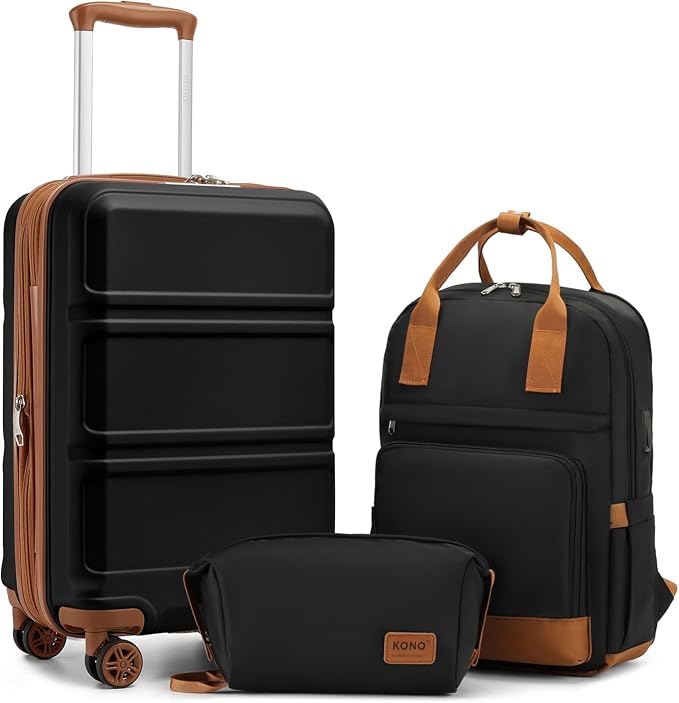 Kono Luggage Set 3 Piece Carry On Hardside Luggage with Spinner Wheels | Lightweight PC+ABS Carry On Suitcase with TSA Lock Apricot Black by Kono