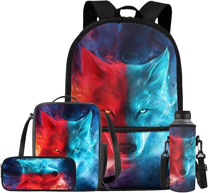 Fire Wolf Backpack for Boys Kids Backpack with Lunch Box Water Bottle Carrier and Large Pencil Case 4PCS Set Bookbag with Front Pocket for School Teens 17 inch Lightweight School Bag for Girls by ELEDIZI