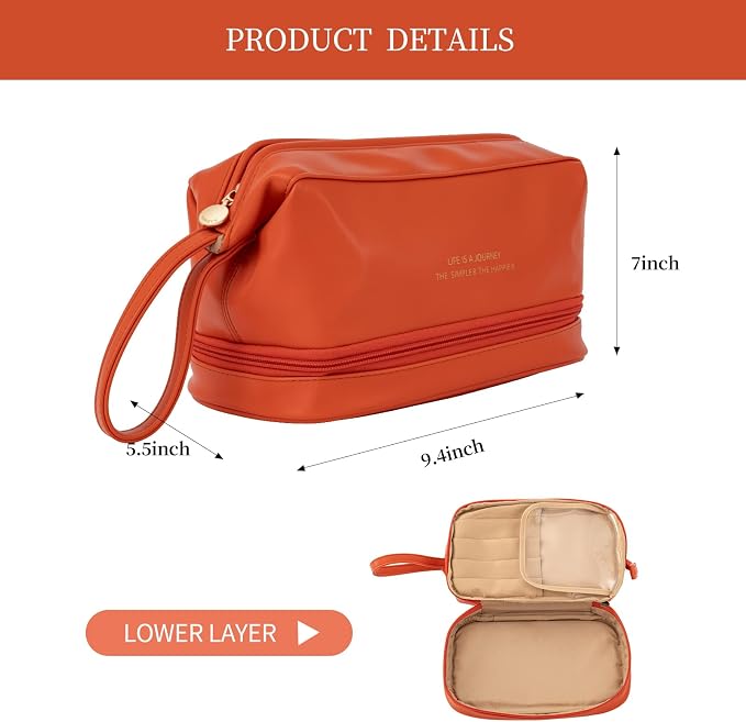 Abiudeng Large Capacity Makeup Bag Ladies Cosmetic Bag Travel Bag with Compartments Portable PU Leather Travel Makeup Bag with Handle - Image 2