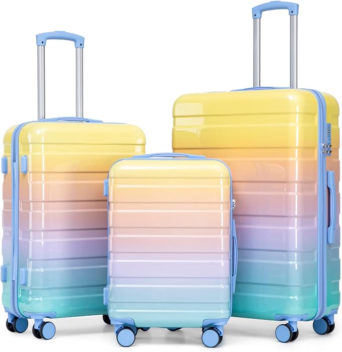 3-Piece Luggage Set 20/24/28’’ Hard-shell with 360° Spinner Wheels, Gradient Color Suitcase with Combination Lock, Lightweight PC Material, (Yellow + Blue) by LUCCALILY