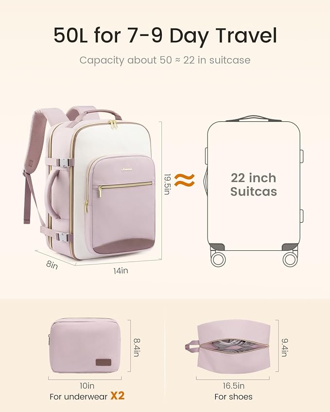LOVEVOOK 50L Large Travel Backpack for Women, Carry on Backpack Airline Approved, Waterproof Travel Essentials fits 18" Laptop, TSA Personal Item Travels Bag Sports Backpack with 3 Packing Cubes - Image 5