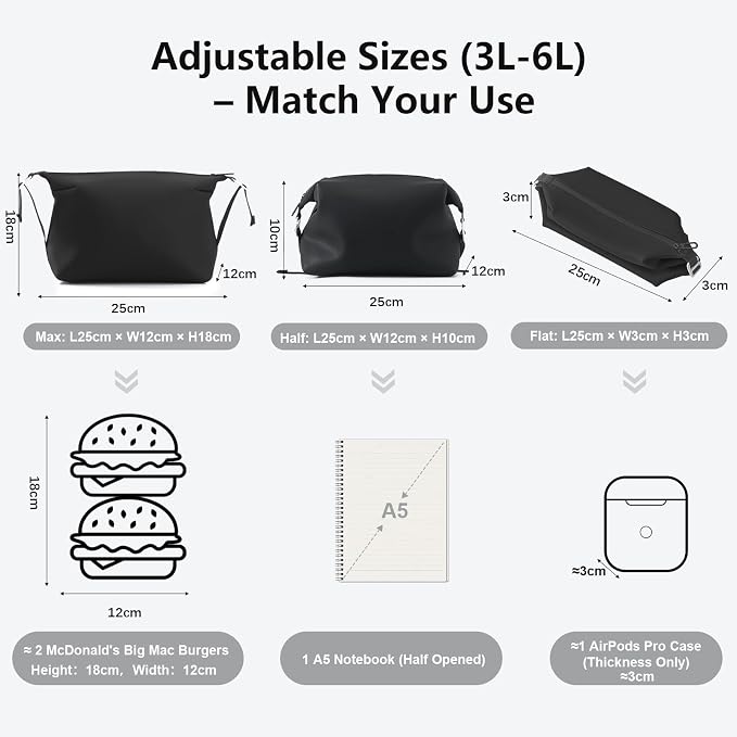 Vomgomfom 6L 13 Inch Silicone Toiletry Bag, Waterproof Leakproof Travel Cosmetic Organizer, Adjustable G-Buckle Compression Dopp Kit, Foldable Makeup Bag for Women & Men (Black, 13" 6L) - Image 5