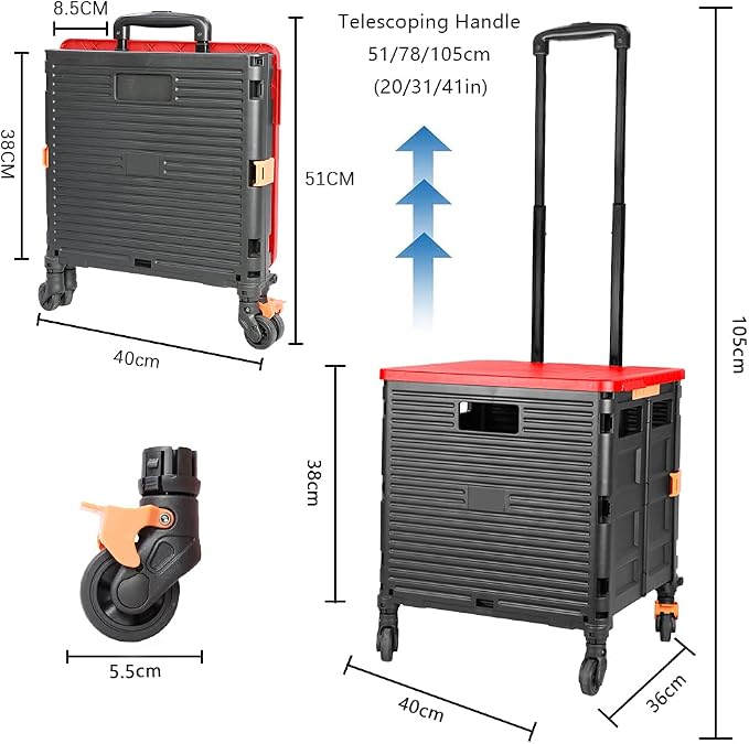 FELICON SELORSS Foldable Utility Cart Folding Portable Rolling Crate-Red | Heavy Duty,Telescoping Handle,4 Rotate Wheels,Collapsible Handcart for Travel Shop Move Luggage Laundry Teacher Office Use - Image 7