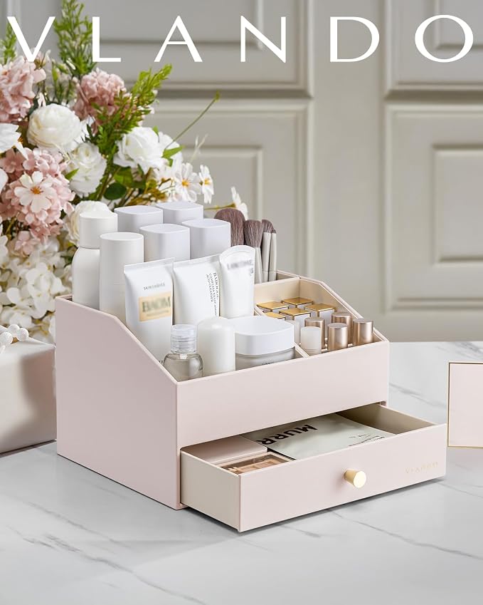 VLANDO Makeup Organizer,Vanity Organizer with Drawers, PU Leather Skincare Organizer Perfume Organizer,Large Cosmetic Display Case for Lipstick,Brushes Gifts for Women-Apricot White - Image 8