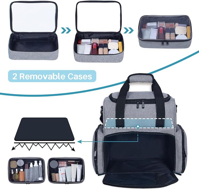 Large Makeup Bag with 2 Removable Case Cosmetic,Grey | Large Makeup Bag with 2 Removable Case Multifunctional Cosmetic Bag Double Layer Travel Toiletry Organizer - Image 4