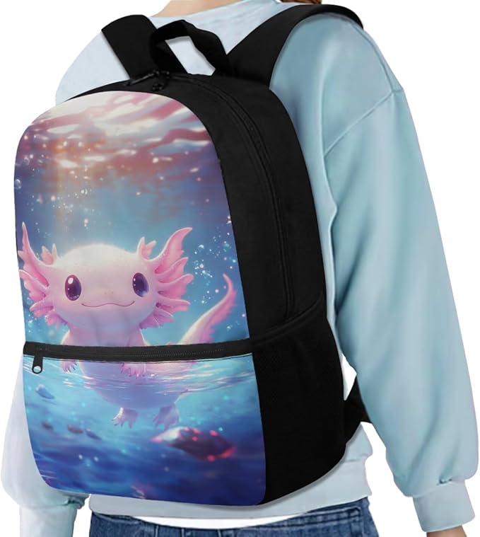 Cute Axolotl Backpack for Girls Kids Backpack with Lunch Box Water Bottle Pouch and Zipper Pencil Case 4PCS Set Sturdy Bookbag with Front Pocket 17 inch Lightweight Elementary School Bag - Image 2