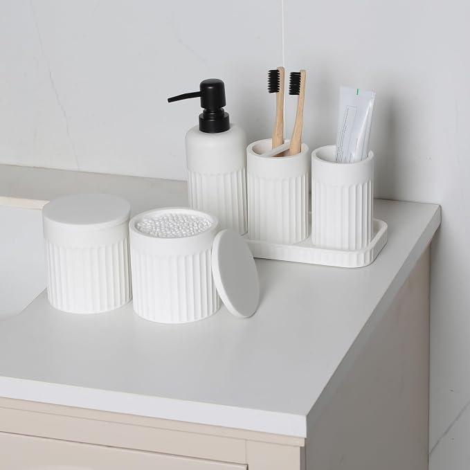 INIUNIK Bathroom Accessory Set - 6 Pieces Bathroom Accessories Set Complete with Soap Dispenser, Toothbrush Holders, Tumbler, Vanity Tray and 2 Qtip Holder for Home Organizer and Decor, White - Image 4