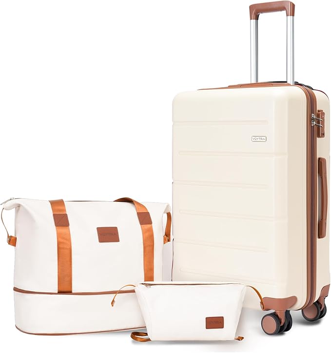 3-Piece Luggage Set with 20” Carry On, ABS Hardside Suitcase with Spinner Wheels & TSA Lock, Easy-Control Rolling Suitcase for Business Trips & Weekend Getaways (20/TB/DB Beige) by VoytraLuggageSuitcase