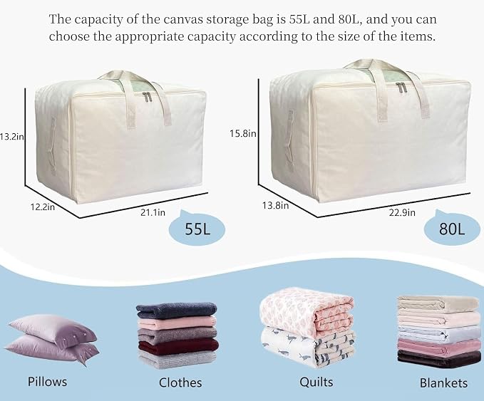 DoYiKe Soft Large Canvas Storage Bags with Zipper and Clear Window, Cotton Linen Storage Organizer for Pillows, Quilt, Blankets and Comforter, 80L, 4 Pack, Beige - Image 2