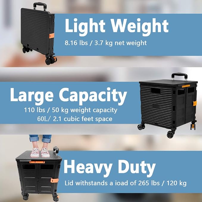 Foldable Utility Cart Portable Rolling Crate Handcart Shopping Trolley Collapsible 4 Rotate Wheels with Durable Heavy Duty Plastic Telescoping Handle for Travel Shopping Moving Storage Office Use - Image 3