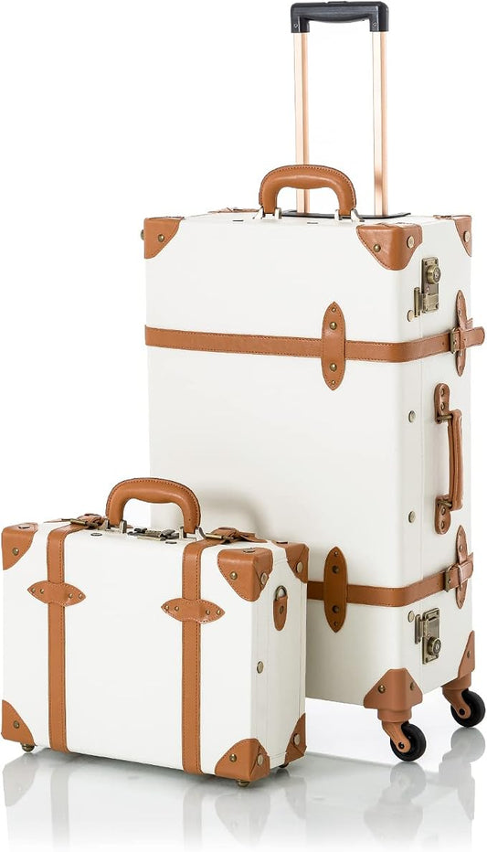 COTRUNKAGE Vintage Checked Luggage Sets 2 Piece TSA Lock Suitcase for Women with 16" Suitcase Case, Pearl White by COTRUNKAGE
