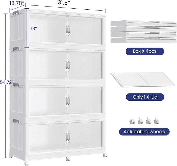 160Gal/640QT 4-Tiers Extra Large Stackable Storage Bins with Lid, Collapsible Cabinet Closet Organizer Plastic Container Box with Wheels Doors Drawers for Office Dorm Kitchen, White - Image 2