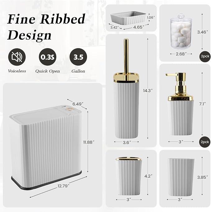 XLHOMO 9-Piece Light Gray Bathroom Accessories Set - Modern Vertical Stripe Decor with Slim Wastebasket, Soap Dispenser & Toothbrush Set - Neutral Bath Organization Kit - Image 2