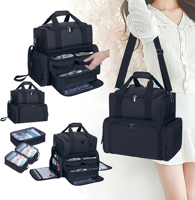 Large Makeup Bag Double Layer with 3 Removable Case,Black | Large Makeup Bag with 3 Removable Case and 2 Removable Dividers Double Layer Travel Cosmetic Makeup Brushes Storage Section - Image 8