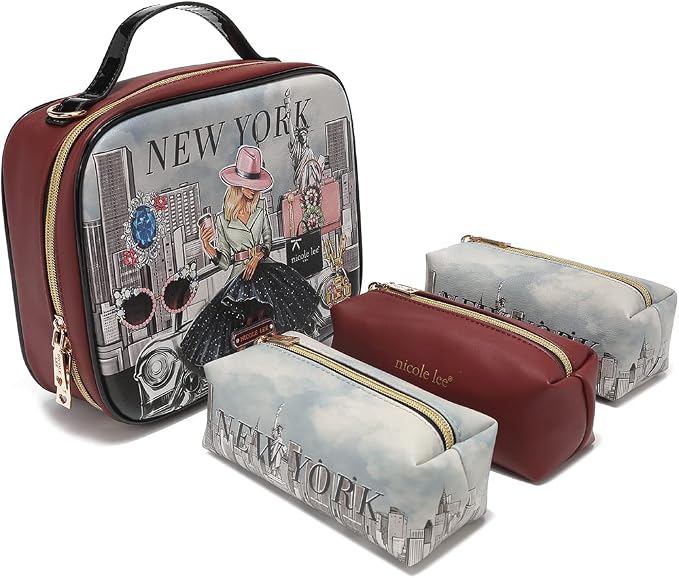 Nicole Lee Travel Handbag Crossbody Set with 3 Fashion Print Makeup Pouches, Women's Cosmetic Toiletry Organizer (Success in New York) by NicoleLee