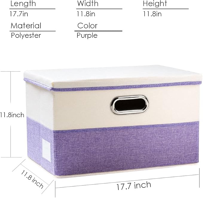 PRANDOM Large Foldable Storage Bins with Lids [3-Pack] linen Fabric Decorative Storage Boxes Organizer Containers Baskets Cube with Handles Divider for Bedroom Closet Purple&Cream(17.7x11.8x11.8) - Image 4