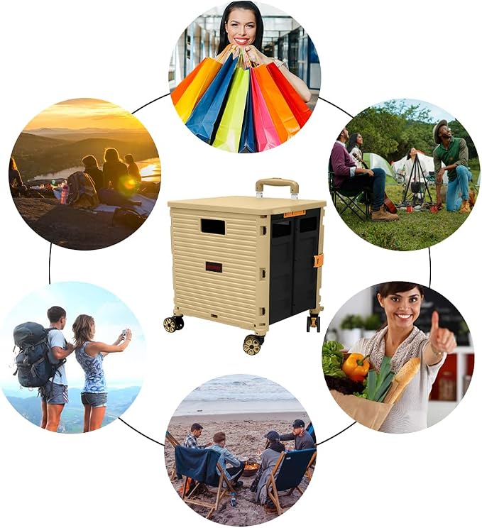 FELICON SELORSS Foldable Utility Cart Folding Portable Rolling Crate-Khaki | Durable,Heavy Duty,Plastic Box,Telescoping Handle,4 Rotate Wheels,Collapsible Handcart for Travel Shop Move Luggage Office - Image 5