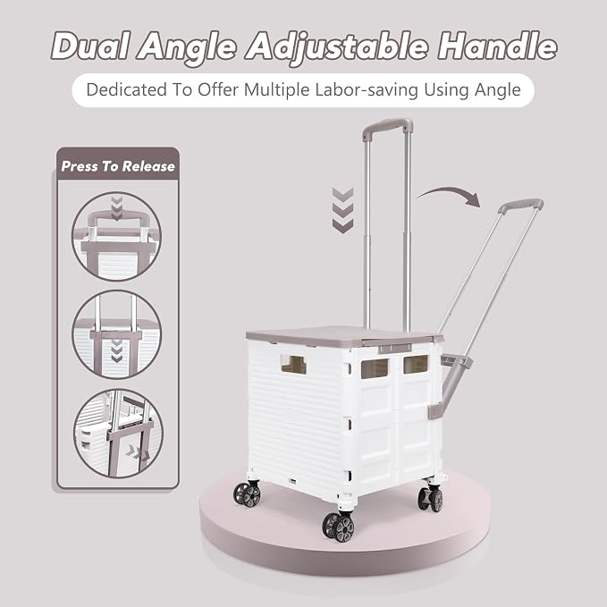 FELICON SELORSS Folding Utility Cart Portable Rolling Crate Handcart-White | Adjustable Handle+Extended Magnetic Lid,Storage Basket Box,4 Swivel Wheels Tote for Teacher Move Shop Travel Grocery Office - Image 2